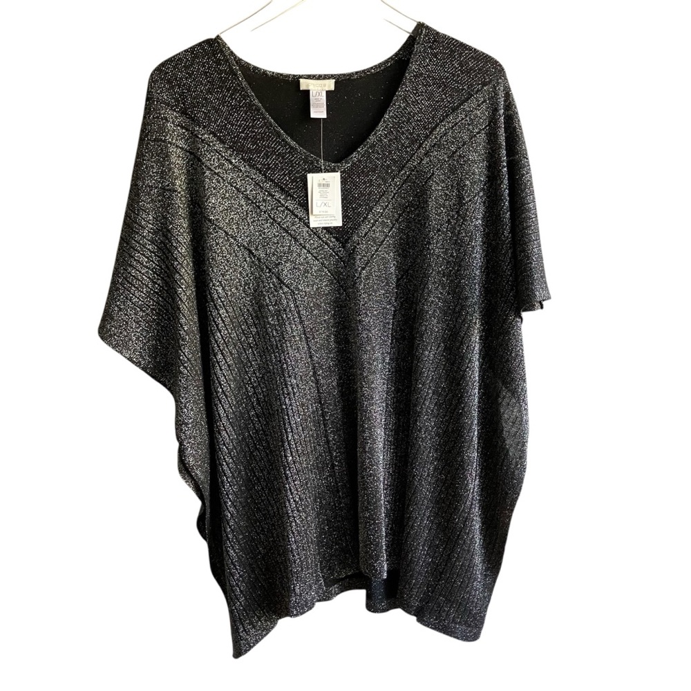 Chico's Black Metallic Knit Sweater Size L XL NWT Travel Going Out